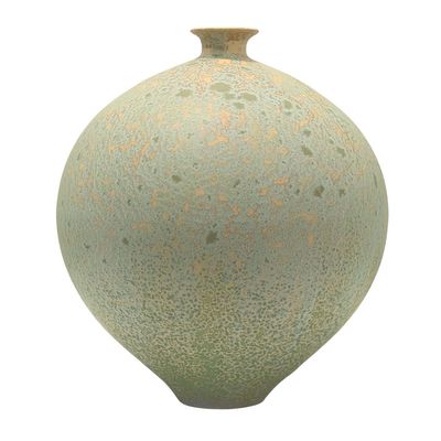 JERRY SAWITZ - MATTE CREAM / TEAL ROUNDED VESSEL - PORCELAIN - 7 X 10.5 X 7