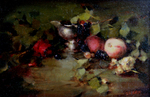 JACQUELINE KAMIN - SILVER WITH PEACHES AND RED ROSE - OIL ON BOARD - 12 X 8
