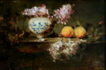 JACQUELINE KAMIN - LILACS AND PLUOTS - OIL ON BOARD - 12 X 8