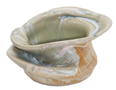 KAREN LIBA - CREAM & BLUE MARBLED CRIMPED BOWL - CERAMIC - 5.75 X 2.5 X 5.5