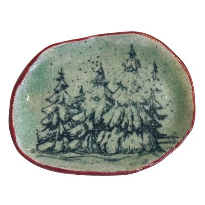 KAREN LIBA - SMALL GREEN PINE TREES DISH - CERAMIC - 2.5 X 3.25