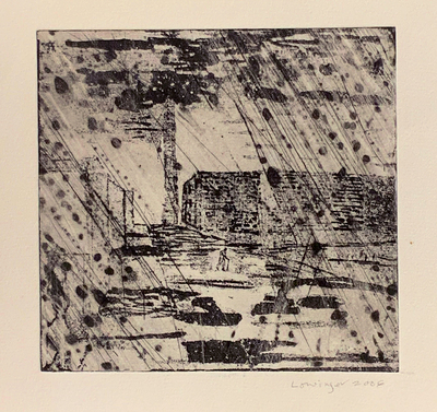 LESLIE LOWINGER - A WALK IN THE RAIN - ETCHING - 8 x 7.63