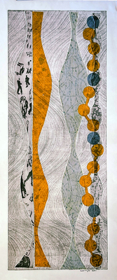 LESLIE LOWINGER - CHAIN OF EVENTS - ORANGE - MIXED MEDIA ON PAPER - 38.5 x 14.75 - ETCHING WITH CHINE COLLE