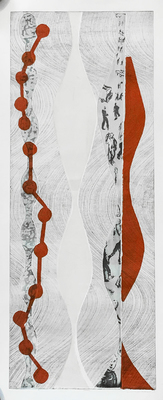 LESLIE LOWINGER - CHAIN OF EVENTS - RED - MIXED MEDIA ON PAPER - 38.5 x 15 - ETCHING WITH CHINE COLLE