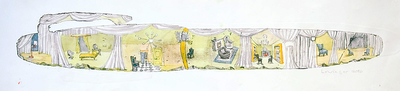LESLIE LOWINGER - PEN FROM OBJECTS TO REDUCE ANXIETY - MIXED MEDIA ON PAPER - 32.75 x 5.25 - ETCHING AND PAINTING