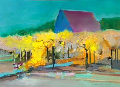 JOHN MAXON - BLUE BARN - OIL ON PAPER - 28 X 20