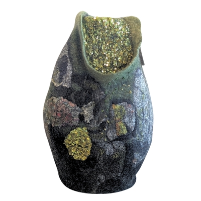 BETH MARX - FELTED VESSEL GREEN, RUST ACCENT W/ GREEN SEQUINS - FIBER - 9.5 X 14.5 X 6