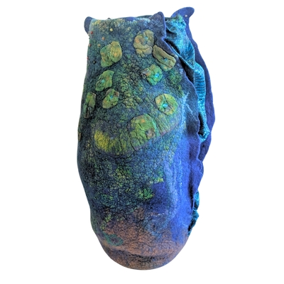 BETH MARX - FELTED VESSEL W/ PEACOCK PRINT & FEATHERS - FIBER - 9 X 16 X 8225.