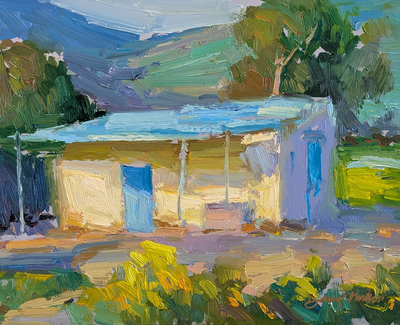 DANNY MILLER - BLUE DOOR COTTAGE - OIL ON BOARD - 14 X 11