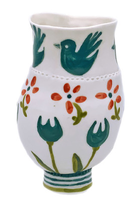 LISA MERTINS - WHITE VASE W/ BIRDS & ORANGE FLOWERS - CERAMIC - 4.25 x 7 x 4.25