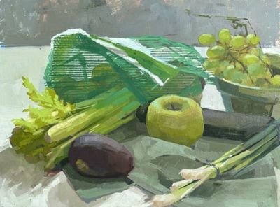 MICHAELA MOFFETT - GREEN THINGS - OIL ON PANEL - 16" X 12"