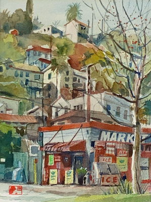 PETE MORRIS - CITY TERRACE - WATERCOLOR - 11.5 X 15.5