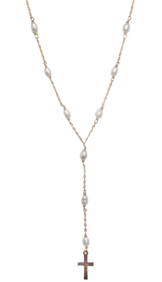 ELIZABETH NADLER - RICE PEARLS WITH CROSS GOLD NECKLACE - GOLD & PEARL