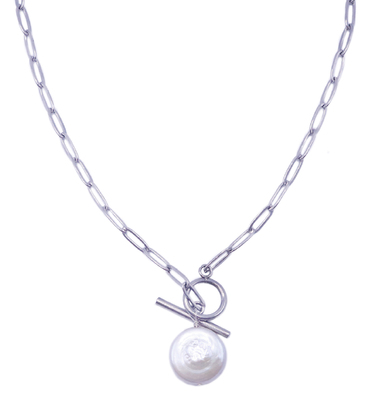 ELIZABETH NADLER - STAINLESS STEEL NECKLACE WITH ROUND PEARL - PEARL
