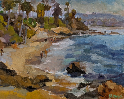 ERNIE ROMO - LAGUNA BEACH COASTLINE - OIL ON BOARD - 20 x 16