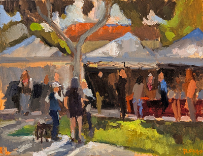 ERNIE ROMO - SAN CLEMENTE FARMERS MARKET - OIL ON BOARD - 11 X 14