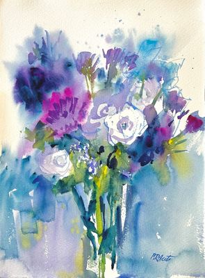 PETE ROBERTS - BLOOMING IN BLUE - WATERCOLOR - 15 X 11