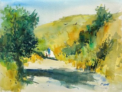PETE ROBERTS - ON A WALK - WATERCOLOR - 15 X 11