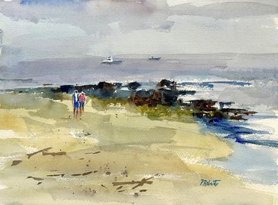 PETE ROBERTS - BEACHSIDE STROLL - WATERCOLOR - 15 X 11