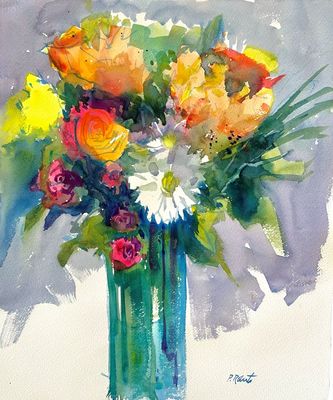 PETE ROBERTS - FLORAL BURST - WATERCOLOR - 15 X 18