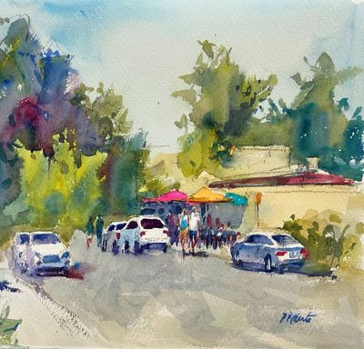 PETE ROBERTS - VIBRANT STREET - WATERCOLOR - 11.5 X 11