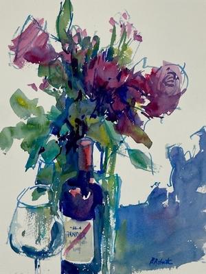 PETE ROBERTS - PINK ROSES & RED WINE - WATERCOLOR - 11 X 15