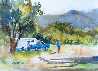 PETE ROBERTS - LAKE CACHUMA CAMPING - WATERCOLOR - 15 X 11