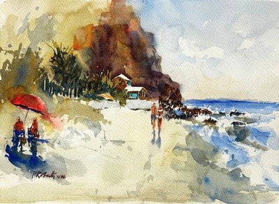 PETE ROBERTS - CRYSTAL COVE STROLL - WATERCOLOR - 15 X 11