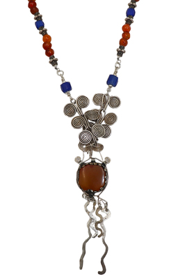 JANET SEWARD - ANTIQUE BLUE RUSSIAN TRADEBEAD NECKLACE WITH MOROCCAN PENDANT - SILVER, BEADS - 19"