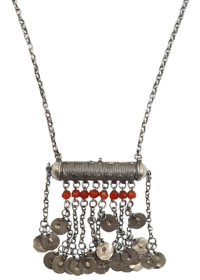 JANET SEWARD - ANTIQUE TUBE NECKLACE W/ DANGLE COIN CHARMS - SILVER & BEADS