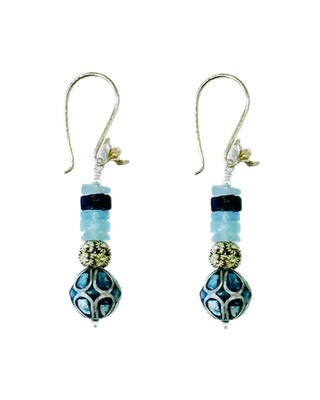 JANET SEWARD - ANTIQUE GOLD WASHED & TURQUOISE BEAD EARRINGS - SILVER & BEADS
