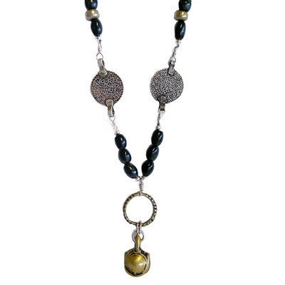 JANET SEWARD - ANTIQUE BRASS BELL & COINS, HANDMADE STERLING SILVER CLASPNECKLACE - BEADS & SILVER