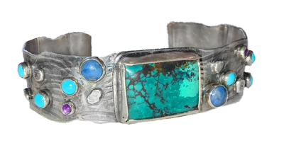 MONIQUE SELWITZ - STERLING SILVER CUFF W/ TURQUOISE, LAPIS AND AMETHYST - STERLING & GEMSTONE - MEDIUM