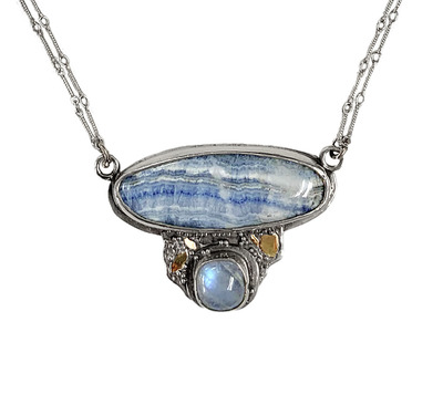 MONIQUE SELWITZ -  OVAL OREGON OPAL & MOONSTONE NECKLACE W/ 18K ACCENTS, STERLING CHAIN - STERLING & GEMSTONE