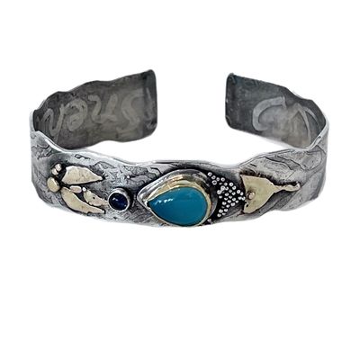 MONIQUE SELWITZ - PARAIBA CHALCEDONY NARROW CUFF - STERLING & GEMSTONE - ETCHED INSIDE:
<br>SNEHA: LOVE/AFFECTION
<br>AHIMSA: NON-VIOLENCE
<br>SATYA: TRUTH
