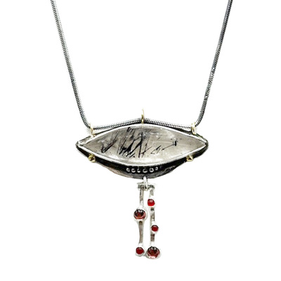 MONIQUE SELWITZ - RUTILATED QUARTZ W/ 18K DOTS & RINGS DANGLING PINK TOURMALINES AND CARNELIAN - STERLING & GEMSTONE