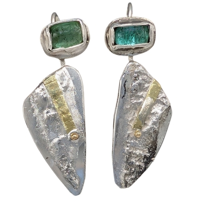 MONIQUE SELWITZ - EARRINGS W/ GREEN TOURMALINES SET IN FINE SILVER, 18K GOLD STRIPS - STERLING & GEMSTONE