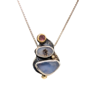 MONIQUE SELWITZ - PINK TOURMALINE IN 22K GOLD, DENDRITIC AGATE & CHALCEDONY IN FINE SILVER, 18K GOLD BALLS - STERLING & GEMSTONE
