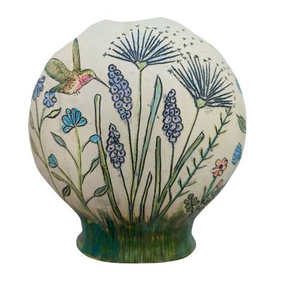 MAGIE SMITH-FLEISHER - 3 HOLE HUMMINGBIRD & FLOWER VASE - CERAMIC - 3.5 X 7 X 6.5