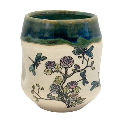 MAGIE SMITH-FLEISHER - DRAGONFLY & FLOWER CUP / VASE - CERAMIC - 3 X 3.25 X 3
