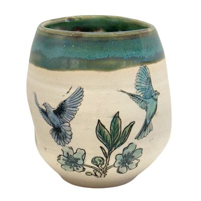 MAGIE SMITH-FLEISHER - BIRD & FLOWER CUP / VASE - CERAMIC - 3 X 3.25 X 3