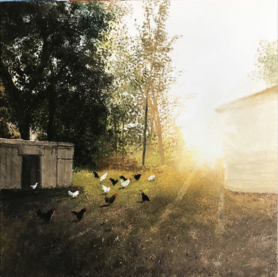 GERALD SCHWARTZ - MORNING FEED - OIL ON BOARD - 8 x 8