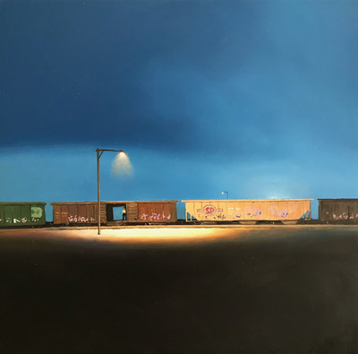 GERALD SCHWARTZ - CASUAL TRAVELER - OIL ON BOARD - 18 x 18