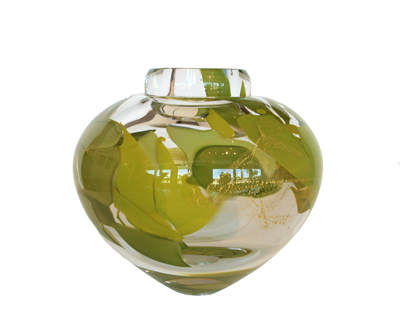RANDI SOLIN - ROUND VASE W/ FIVE DIFFERENT GREEN COLORED SHARDS - GLASS