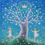 KRISTINA SWARNER - GIRLS DANCING UNDER TREE - MIXED MEDIA ON PAPER - 6 X 6
