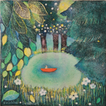 KRISTINA SWARNER - SMALL BOAT IN POND - MIXED MEDIA ON PAPER - 6.5 X 6.5