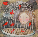 KRISTINA SWARNER - ESCAPED BIRD - MIXED MEDIA ON PAPER - 8 X 8