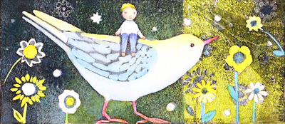 KRISTINA SWARNER - BOY WITH BIRD - MIXED MEDIA ON PAPER - 6.25 X 2.75
