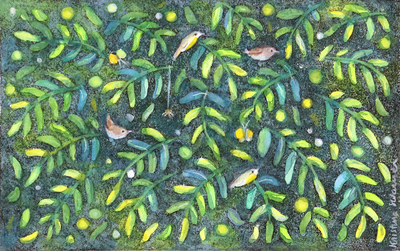 KRISTINA SWARNER - BIRDS IN TREE - MIXED MEDIA ON PAPER - 4.5 X 7.125