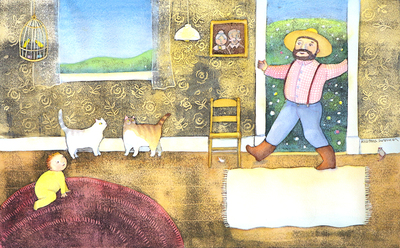 KRISTINA SWARNER - FARMER EARL WITH BABY - MIXED MEDIA ON PAPER - 20.25  x 13.75